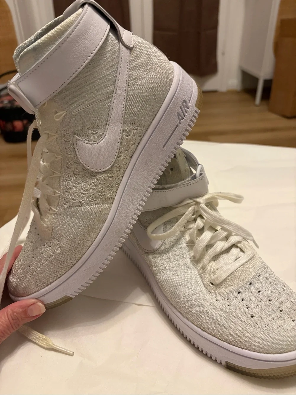 Nike Women’s High-Top Flyknit Sneakers in Off-White with Gum Sole